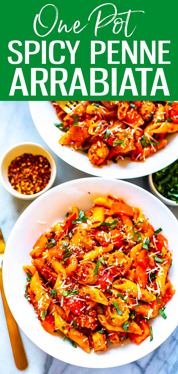 This Spicy Penne Arrabiata is filled with sausage, peppers and the yummiest sauce – it takes less than 30 minutes and only uses one pot! #arrabiata #onepotpasta