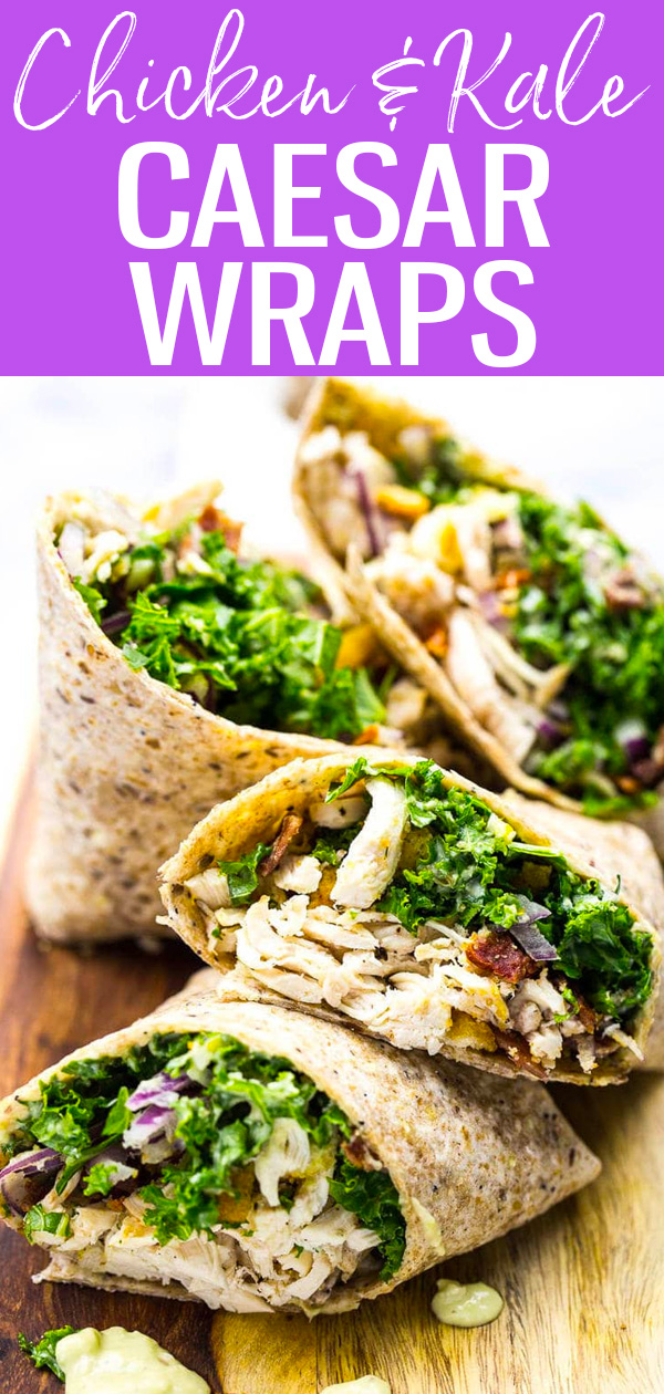 These veggie-filled Kale Chicken Caesar Wraps are the perfect on-the-go lunch, with a Caesar dressing that's lighter on calories.#chickenkale #caeserwraps