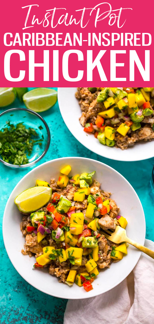 This Instant Pot Caribbean-Inspired Chicken is a delicious one-pot meal complete with a homemade jerk seasoning and fresh mango salsa. #instantpot #jerkchicken