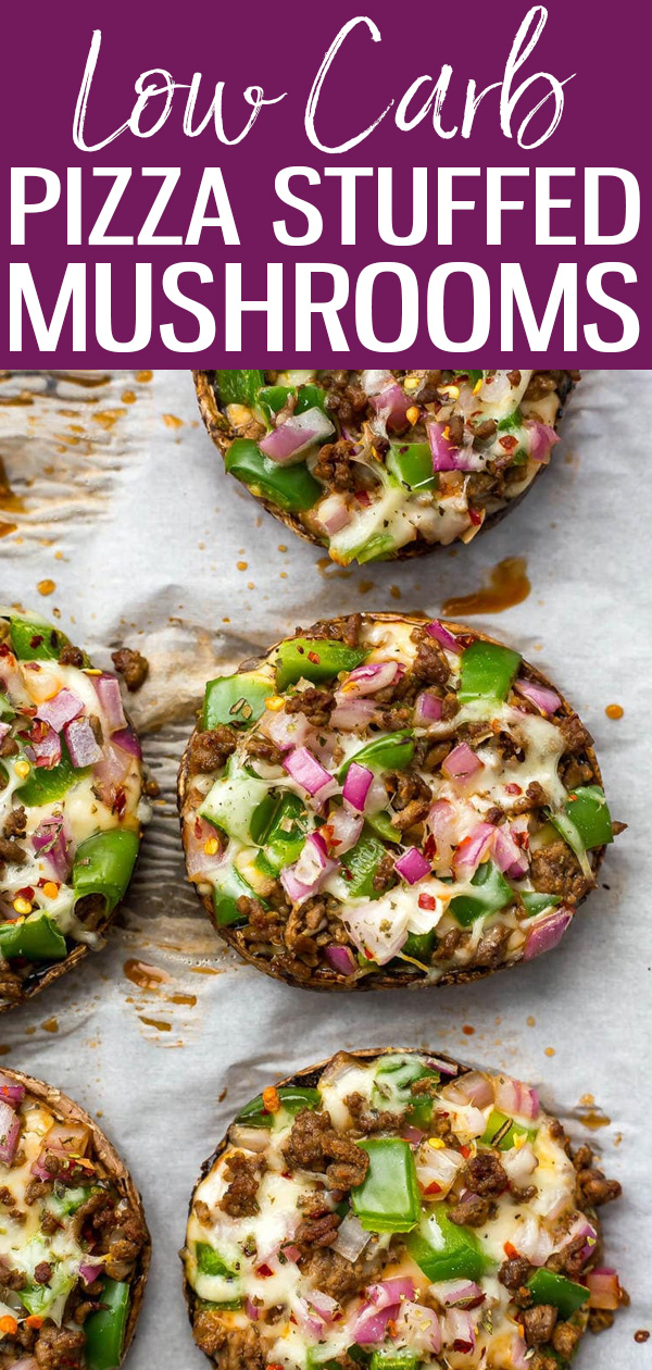 These Easy Pizza Portobello Stuffed Mushrooms are a tasty low-carb way to satisfy your pizza cravings. They’re so simple and ready in a flash! #stuffedmushrooms #lowcarb