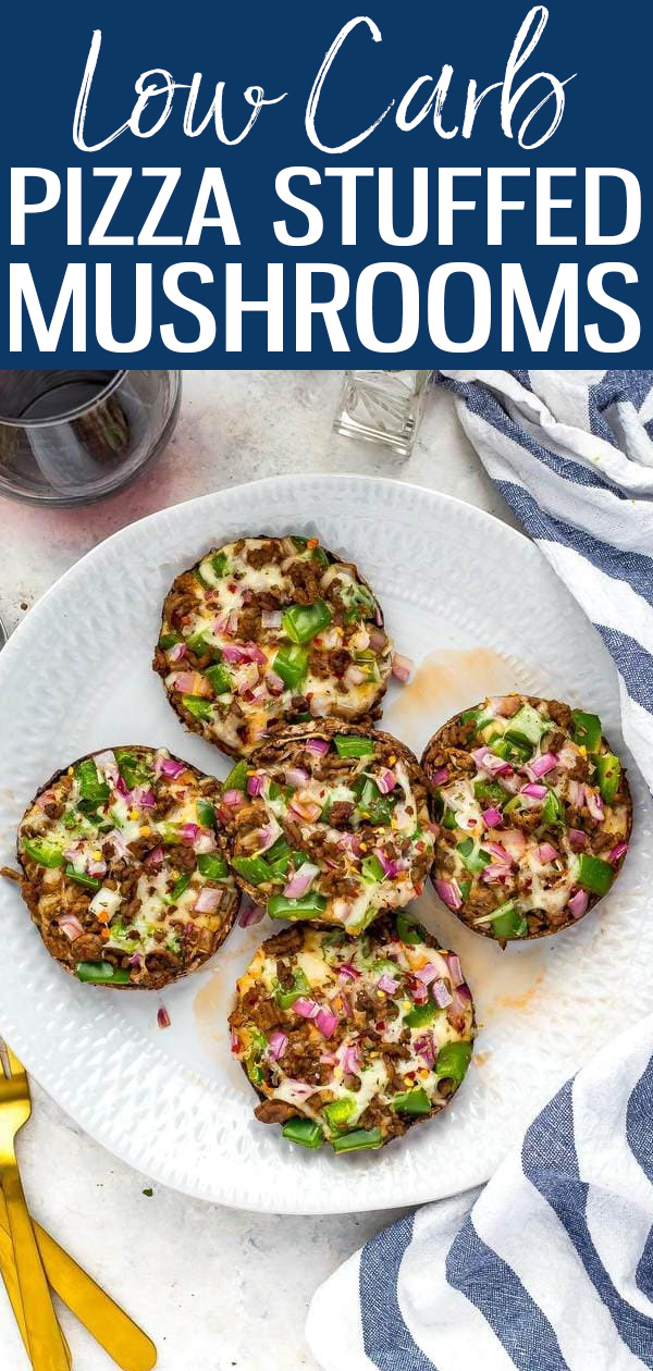 These Easy Pizza Portobello Stuffed Mushrooms are a tasty low-carb way to satisfy your pizza cravings. They’re so simple and ready in a flash! #stuffedmushrooms #lowcarb