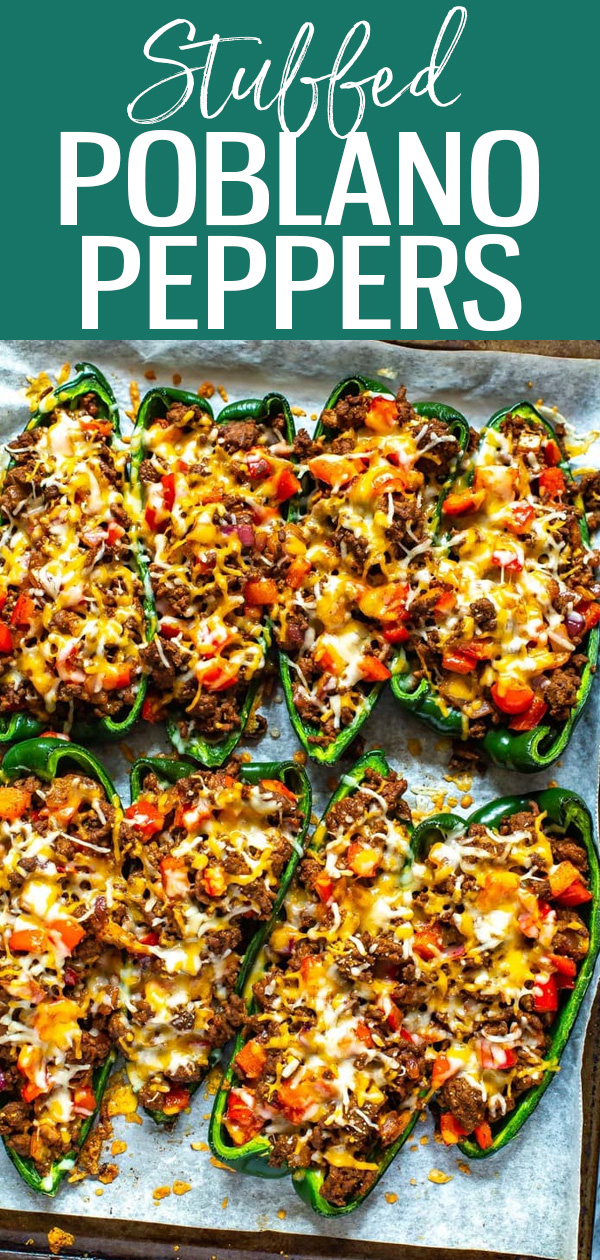 These Stuffed Poblano Peppers are a healthy low-carb dinner idea made with ground beef, red peppers, cheese and plenty of flavour! #lowcarb #stuffedpeppers #poblanopeppers