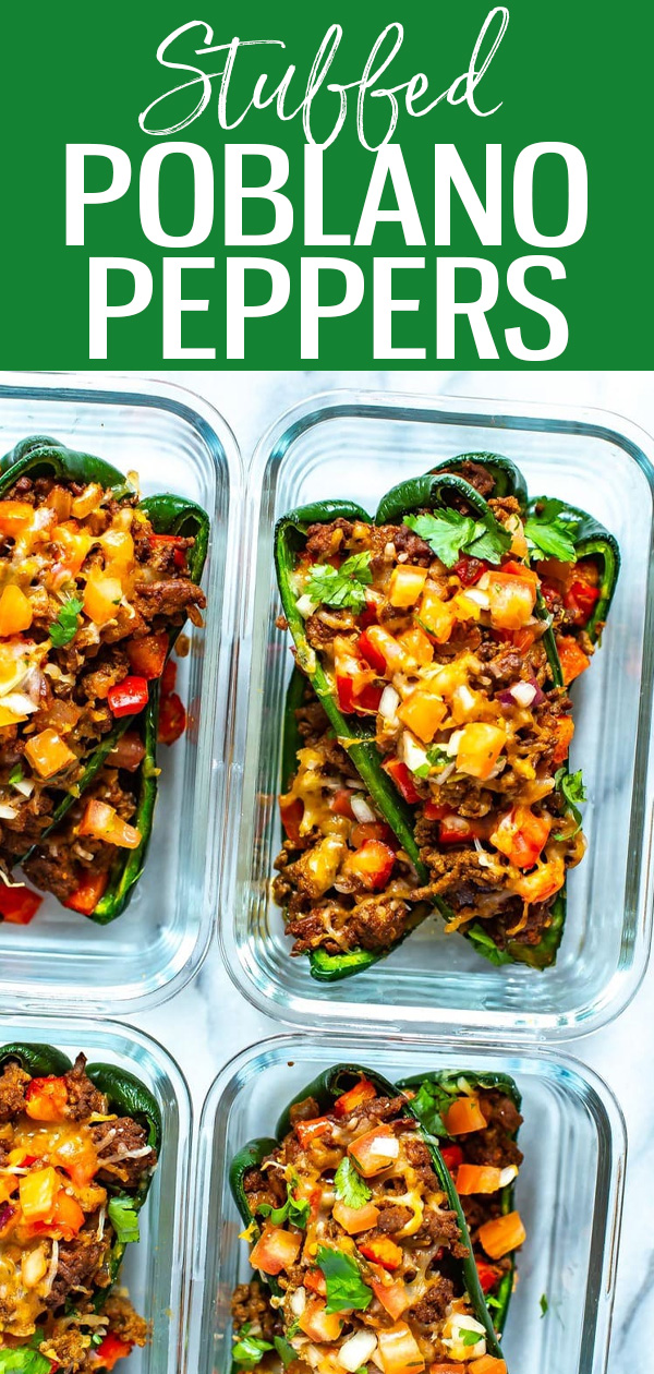 These Stuffed Poblano Peppers are a healthy low-carb dinner idea made with ground beef, red peppers, cheese and plenty of flavour! #lowcarb #stuffedpeppers #poblanopeppers
