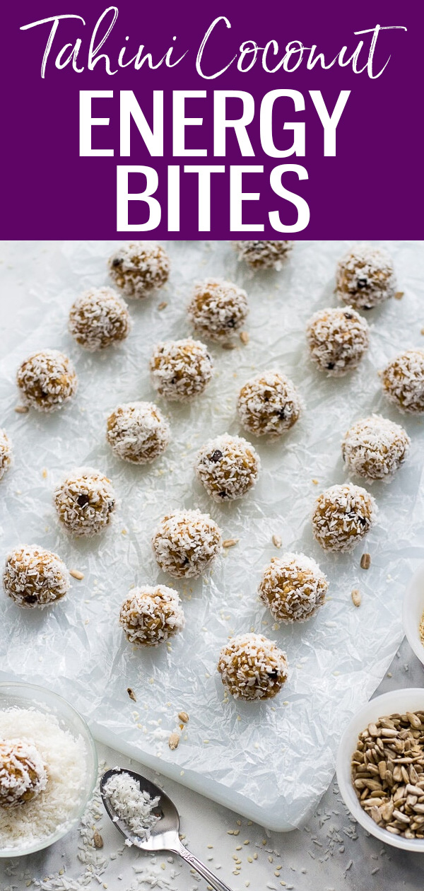 These Tahini Coconut Energy Protein Bites are the perfect nut-free, on-the-go snack and contains mostly natural sweeteners like dates! #coconuttahini #energybites