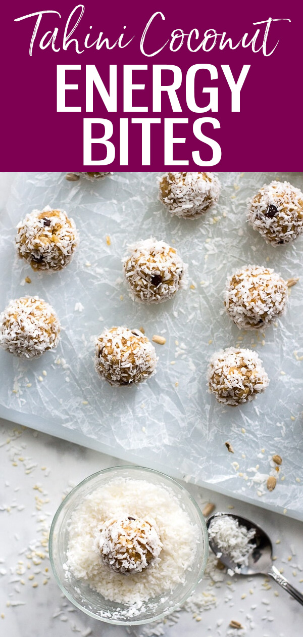 These Tahini Coconut Protein Energy Bites are the perfect nut-free, on-the-go snack using natural and healthy sweeteners like dates! #coconuttahini #energybites