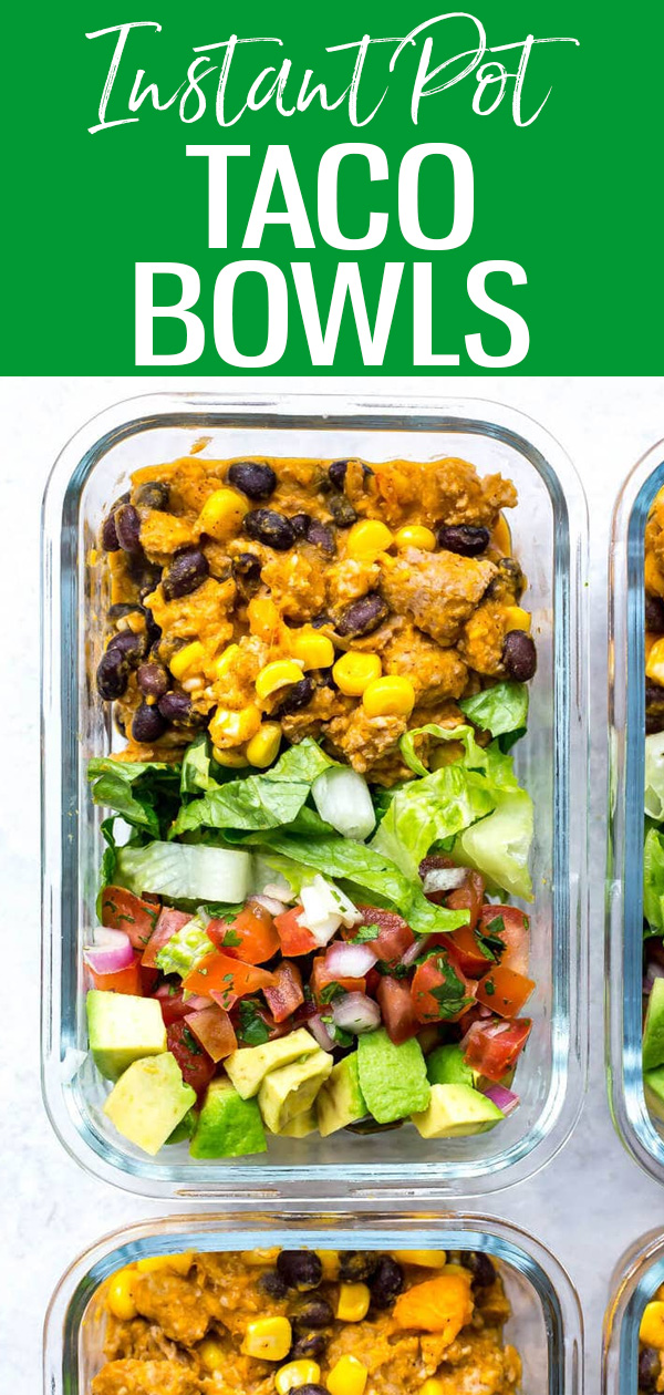 These Meal Prep Instant Pot Taco Bowls are similar to taco salad. In just 30 minutes, you’ll have your lunches ready for the week! #instantpot #tacobowls