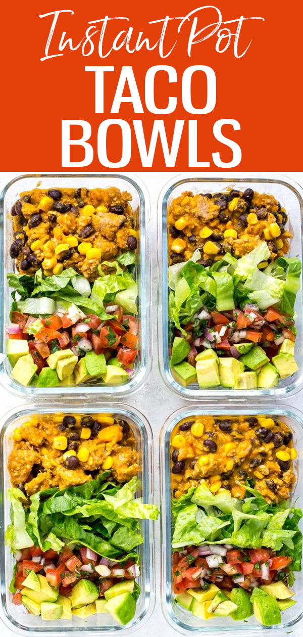 These Meal Prep Instant Pot Taco Bowls are similar to taco salad. In just 30 minutes, you’ll have your lunches ready for the week! #instantpot #tacobowls