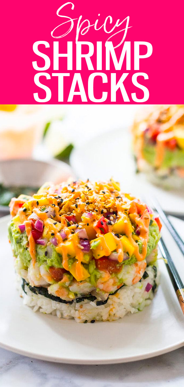 These Spicy Shrimp Stacks are a fun twist on the spicy California roll topped with fresh guacamole, bang bang sauce and homemade mango salsa. #spicysushi #shrimpstacks