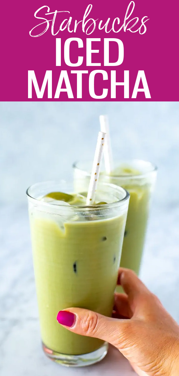 This Iced Matcha Latte tastes just like the one at Starbucks, made with matcha green tea powder, milk and simple syrup poured over ice! #starbuckscopycat #icedmatchalatte