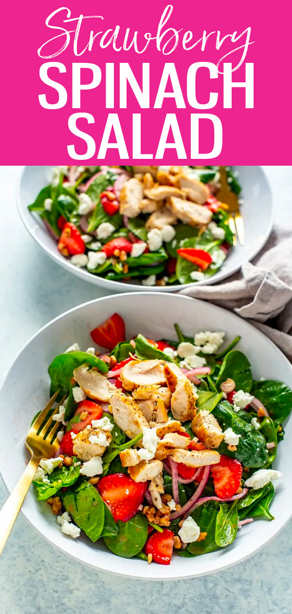This Strawberry Spinach Salad With Chicken is a super easy protein-packed meal complete with fresh strawberries and a 4-ingredient dressing. #strawberry #spinachsalad
