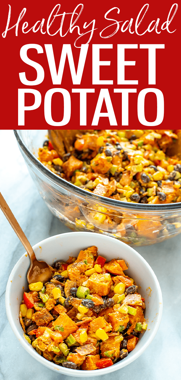 This Healthy Sweet Potato Salad is the perfect dish to make ahead and bring to a potluck or picnic - this filling summer salad even has bacon! #sweetpotatosalad #healthysalad