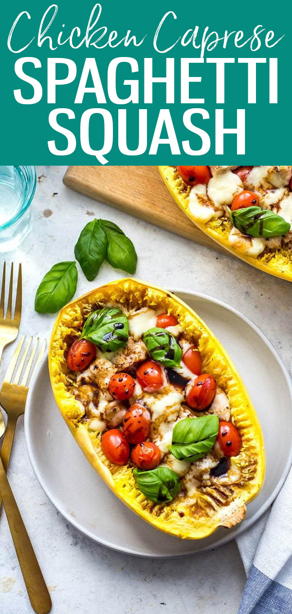These Chicken Caprese Spaghetti Squash Boats are a low carb dinner idea that's bursting with flavour and topped off with a balsamic glaze! #spaghettisquash #chickencaprese