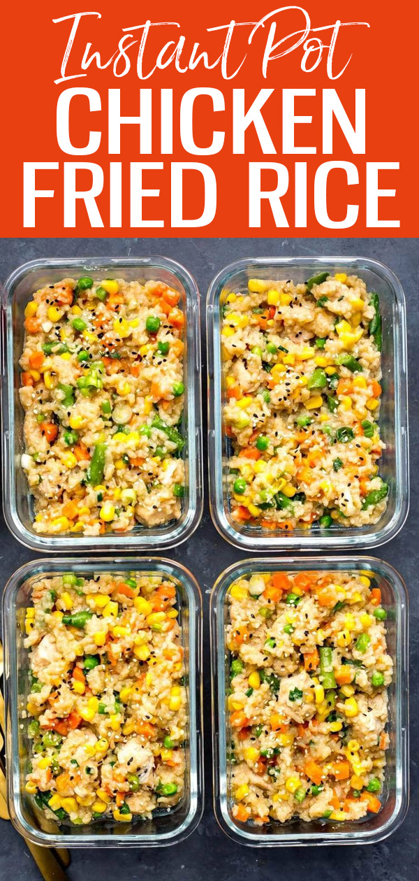 These Instant Pot Chicken Fried Rice Meal Prep Bowls come together in one pot - all you need is rice, chicken and frozen veggies! #chickenfriedrice #instantpot