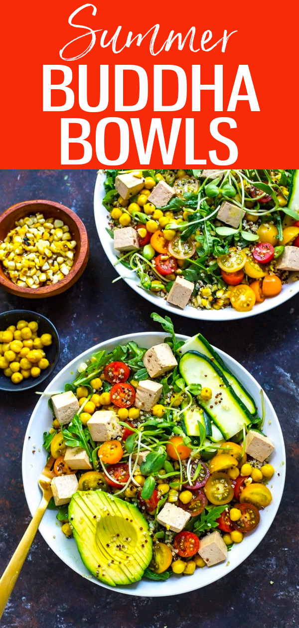 These vegan Summer Buddha Bowls with Turmeric Chickpeas, marinated tofu and quinoa are just as delicious as they are nutritious! #vegan #buddhabowls