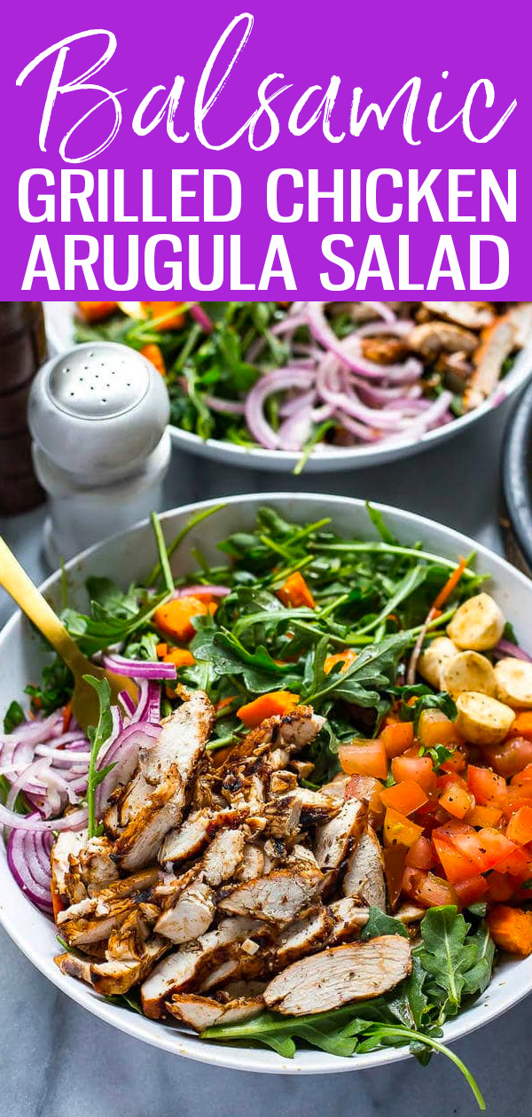 This Grilled Balsamic Chicken Arugula Salad is low-carb with a balsamic dressing that doubles as a marinade – it’s ready in just 30 minutes! #arugulasalad #balsamicchicken