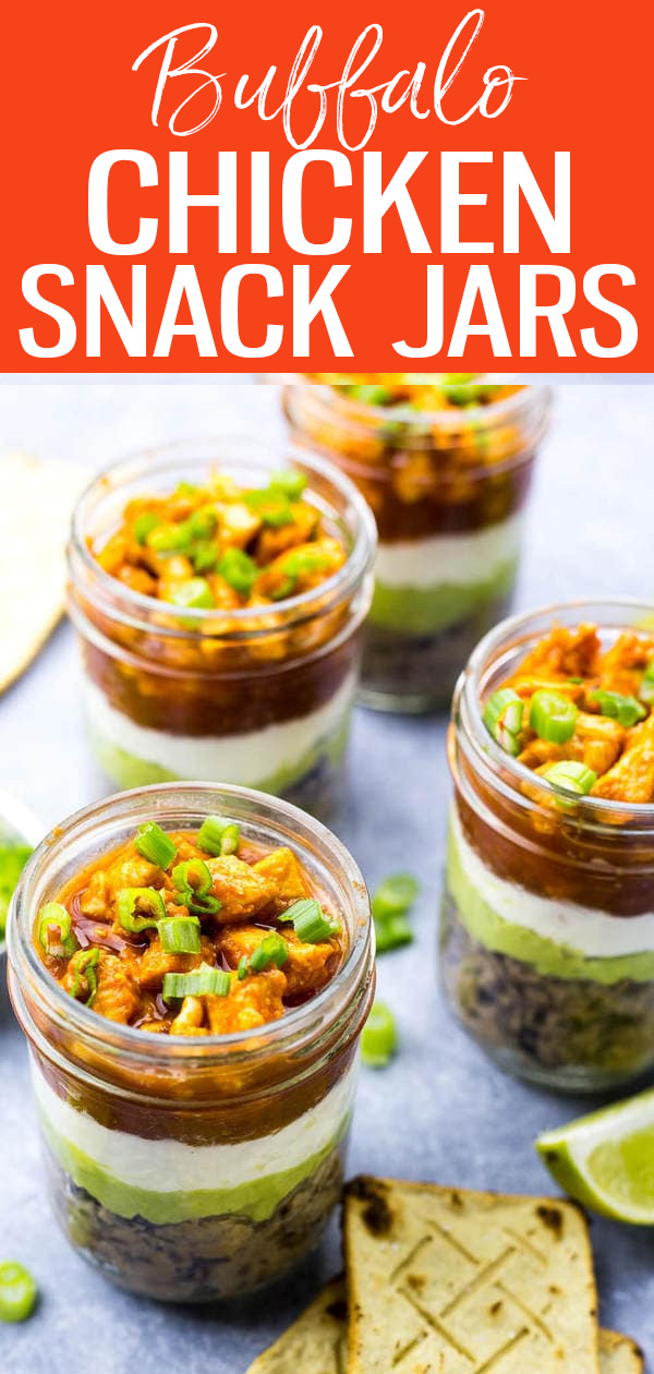 These Mini 5-Layer Buffalo Chicken Dip Jars are the perfect grab and go snack with refried beans, guacamole, sour cream and salsa! #buffalochicken #snackjars