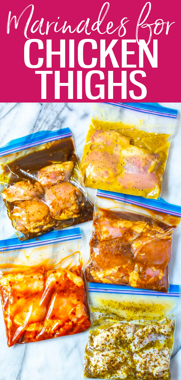 These Delicious Chicken Thigh Marinades are perfect for meal prep and super easy! Try Sesame, Chipotle, Greek, Balsamic and Honey Dijon. #mealprep #chickenthighs #marinades