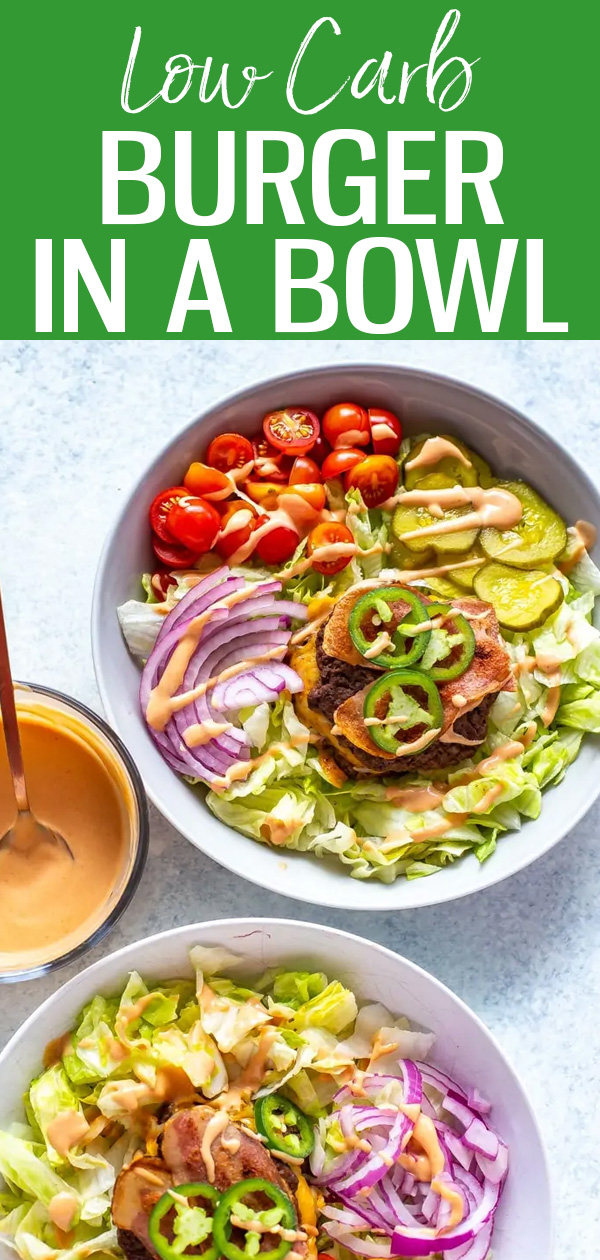 This Low Carb Burger in a Bowl is inspired by Five Guys and is a healthier, lower calorie option for burger night - cheese and bacon included! #burgerinabowl #lowcarb