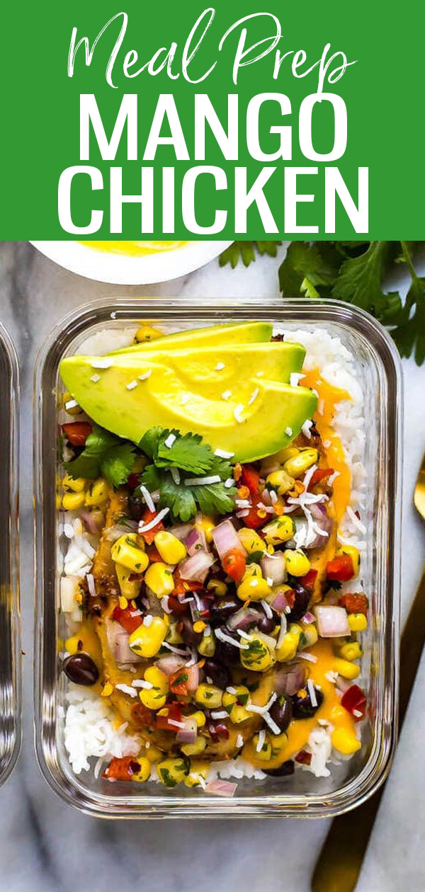 These Coconut Mango Chicken Meal Prep Bowls with corn salsa, avocado and mango marinade are perfect for your weekly lunches! #mealprep #mangochicken