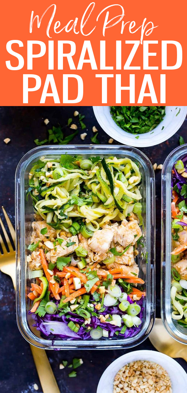 These Spiralized Zucchini Pad Thai Bowls are a low-carb meal prep option made with chicken, fresh veggies and Pad Thai sauce. #spiralizedzucchini #lowcarb #padthai