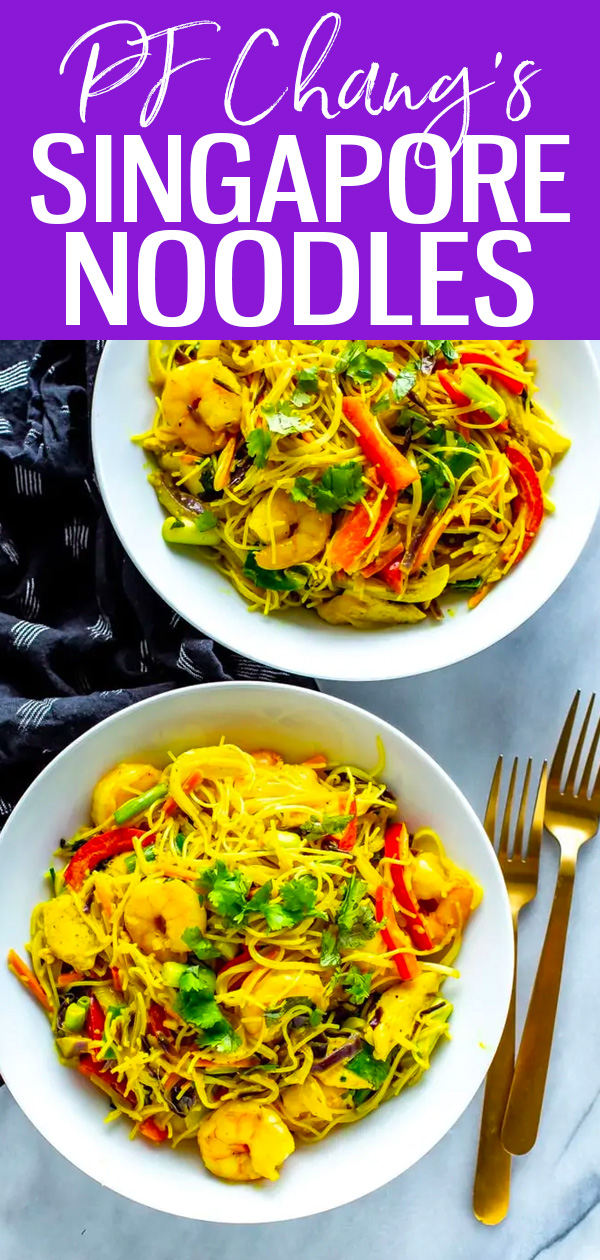 These Singapore Street Noodles are a PF Chang’s copycat made with chicken, shrimp, julienned veggies and the best homemade curry sauce. #singaporenoodles #pfchangs