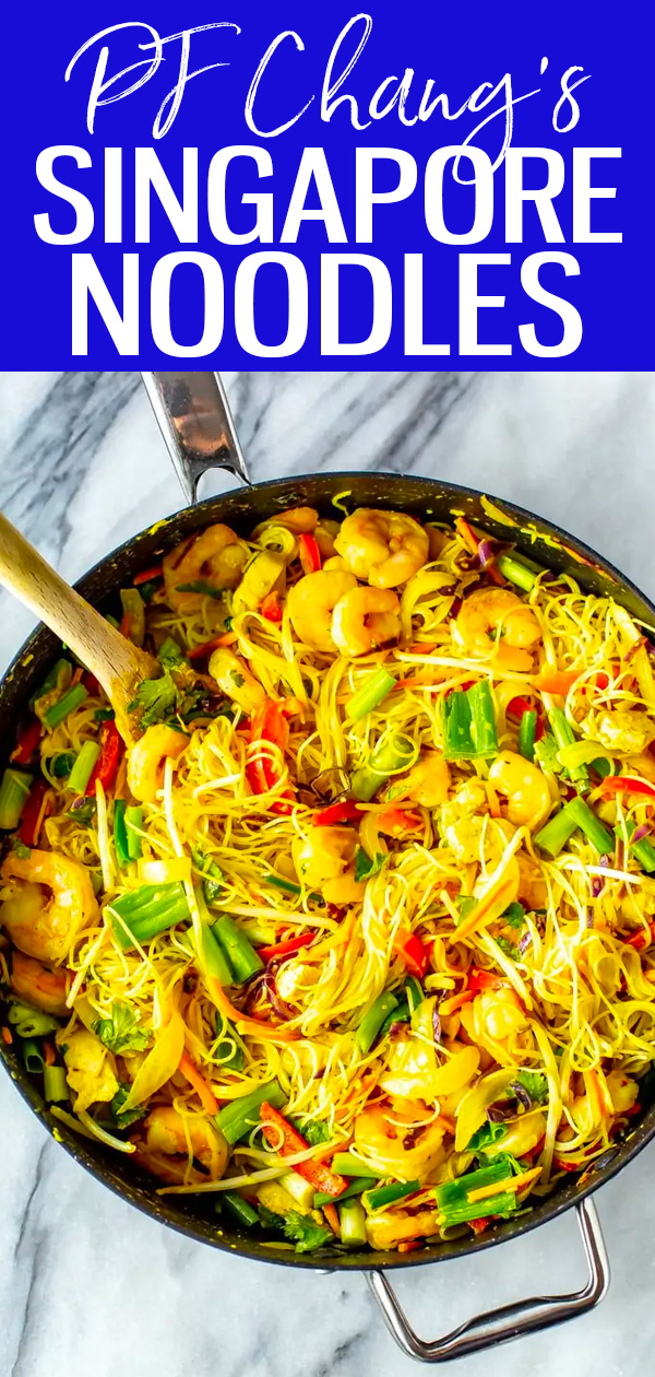 These Singapore Street Noodles are a PF Chang’s copycat made with chicken, shrimp, julienned veggies and the best homemade curry sauce. #singaporenoodles #pfchangs