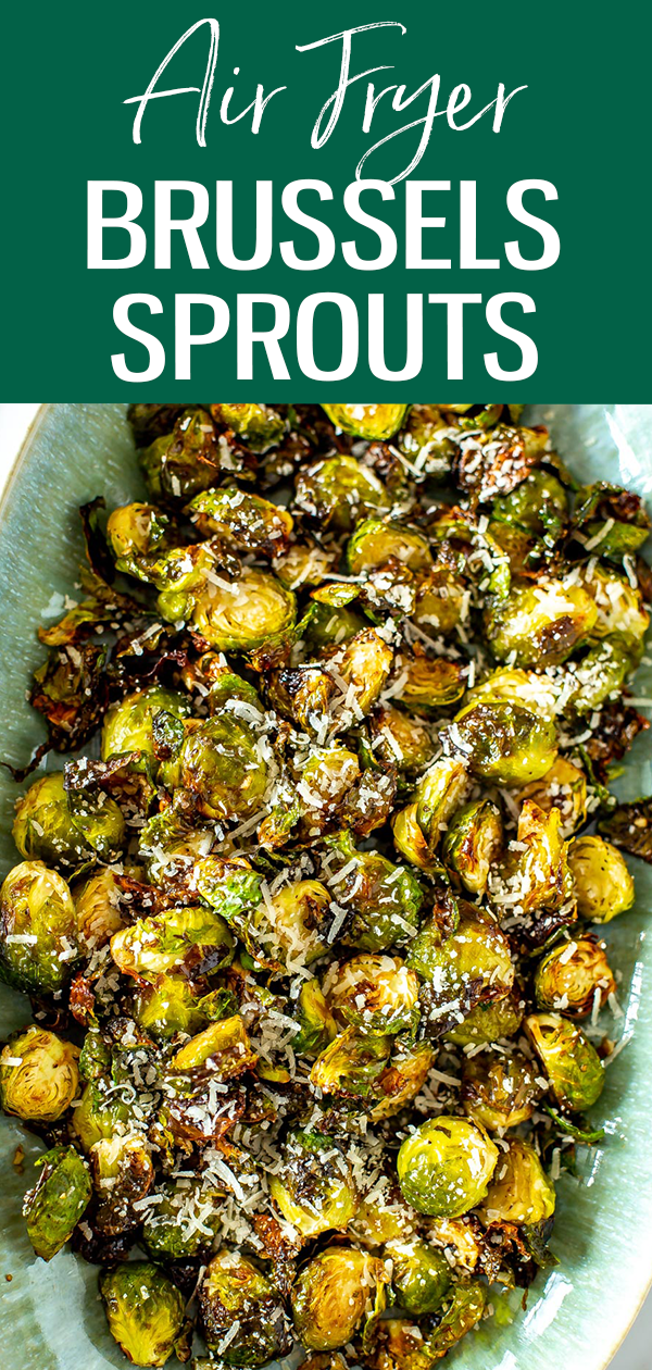 Learn the secret to the crispiest Air Fryer brussels sprouts - say hello to the perfect fall side dish with garlic, parmesan and balsamic. #airfryer #brusselssprouts