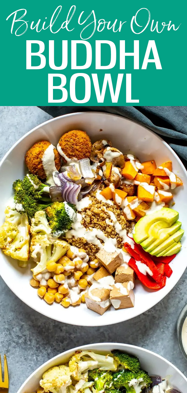 Build Your Own Buddha Bowl with delicious fresh veggies that are roasted on a sheet pan. You'll love the homemade tahini dressing! #vegetarianrecipes #buddhabowls
