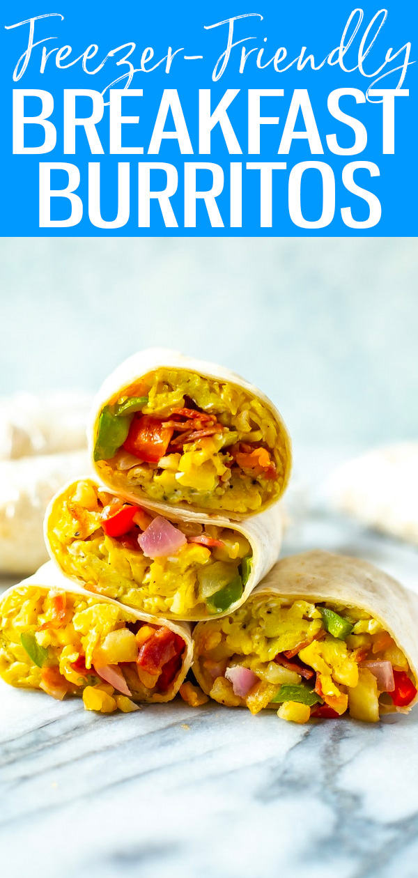 These Meal Prep Freezer Breakfast Burritos are a make-ahead breakfast with all your favourite toppings – they’ll last for up to 3 months! #freezerprep #breakfastburrito