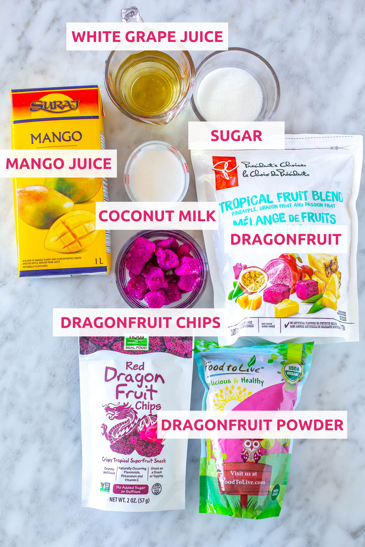 Ingredients for Starbucks mango dragonfruit refresher: dragonfruit pieces, dragonfruit powder, dragonfruit, sugar, mango juice, white grape juice and coconut milk.