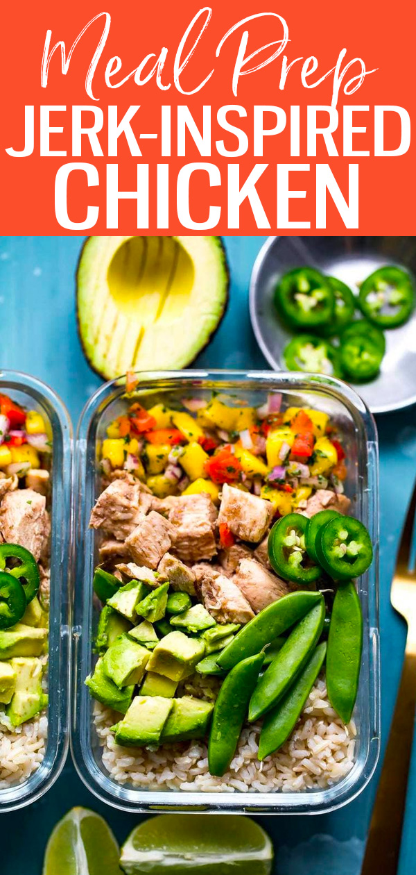 These Jerk-Inspired Chicken Rice Bowls are the most delicious meal prep lunch idea with mango salsa, homemade jerk marinade and brown rice. #jerkchicken #mealprep