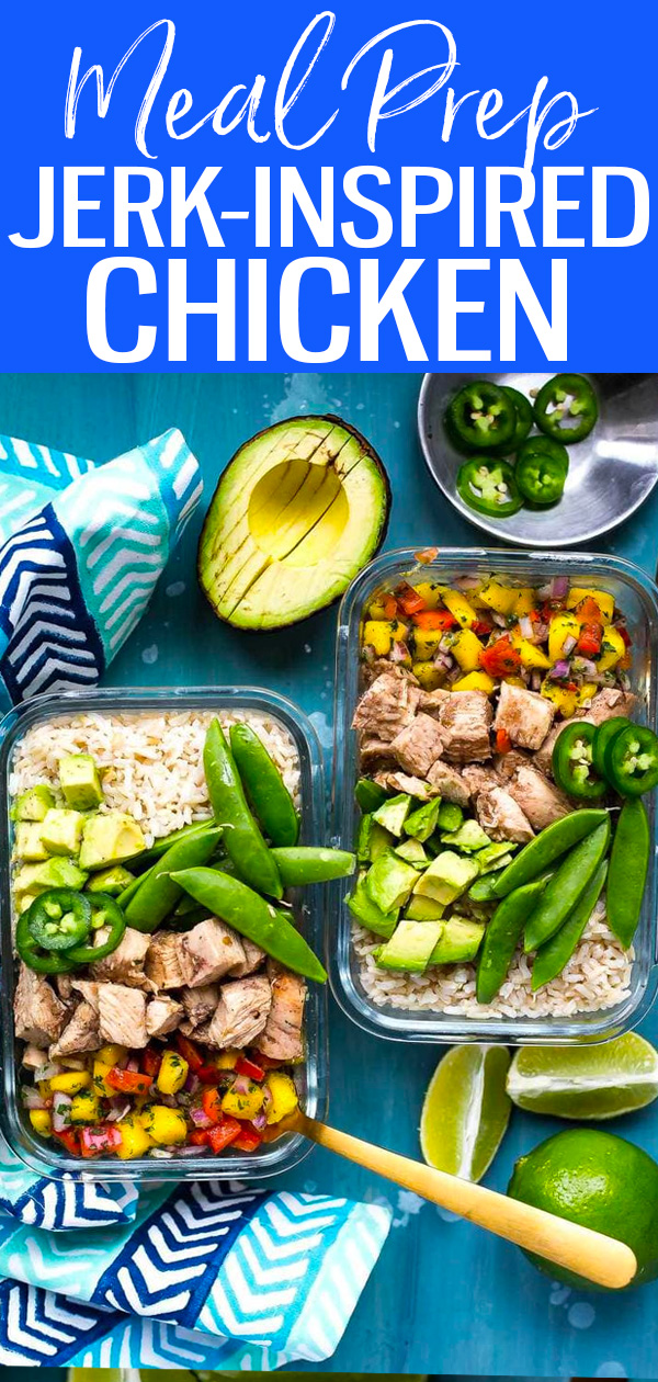 These Jerk-Inspired Chicken Rice Bowls are the most delicious meal prep lunch idea with mango salsa, homemade jerk marinade and brown rice. #jerkchicken #mealprep
