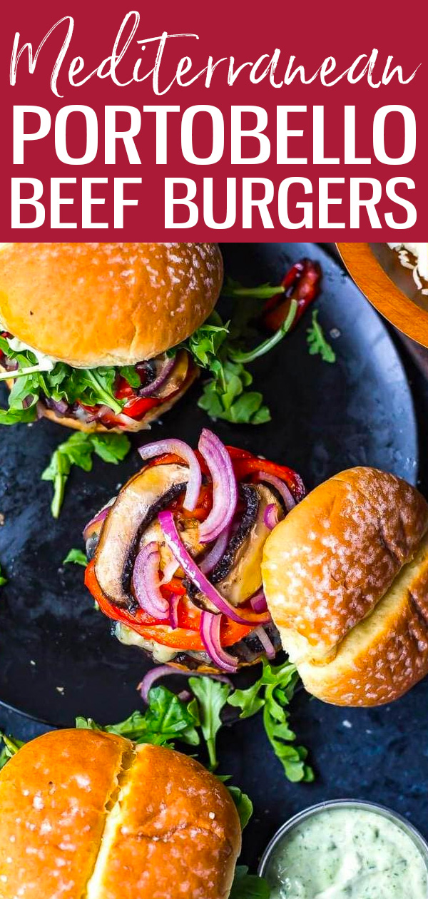 These Mediterranean Portobello Beef Burgers are a healthy BBQ recipe topped with garlic herb cheese, roasted red peppers and basil mayo. #portobellomushroom #mediterraneanburger