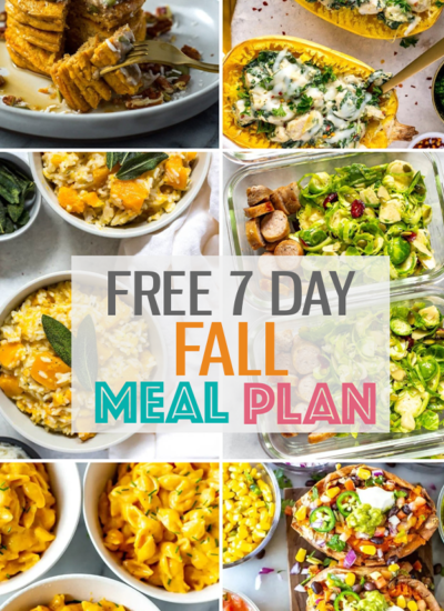 These Healthy Fall Recipes include lots of squash, pumpkin, sweet potato, kale and brussel sprouts. Plus, download my 7-day fall dinner menu! #fallrecipes #mealplan