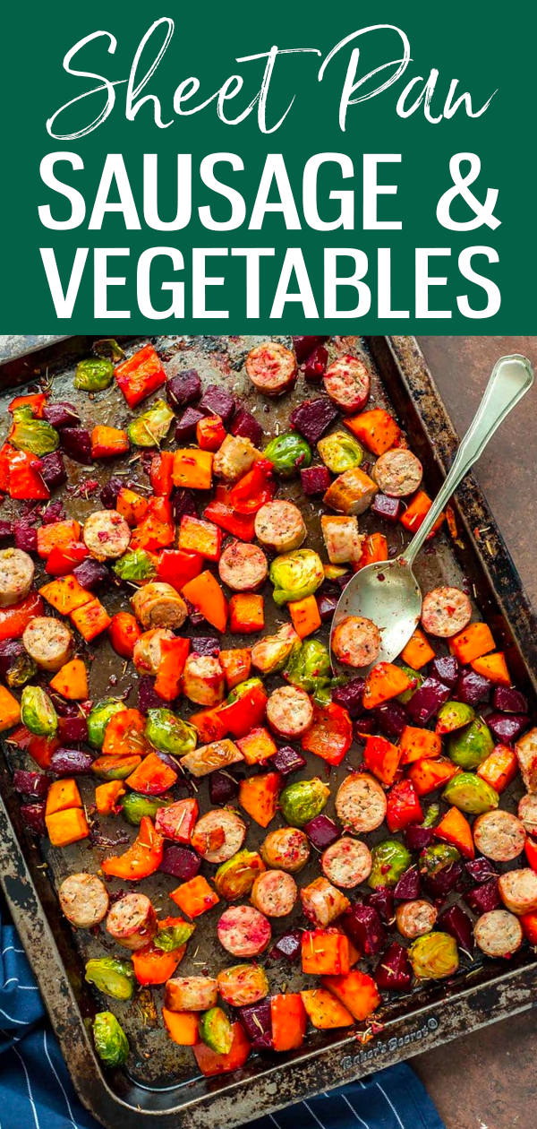 This Sheet Pan Sausage & Root Vegetable Scramble is a quick and easy dinner cooked all on one pan in the oven with rosemary and garlic. #sheetpan #sausagescramble