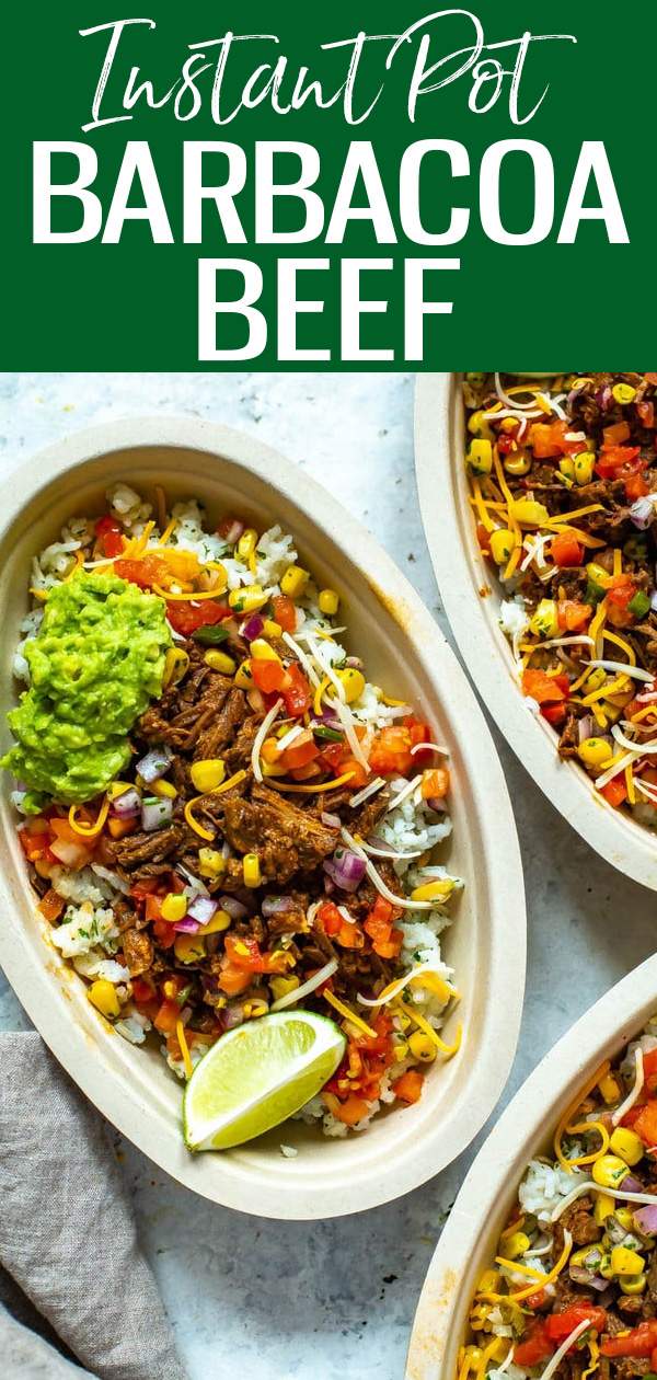 These Instant Pot Barbacoa Bowls are a perfect Chipotle copycat! The beef stays tender and flavourful with a natural pressure release. #instantpot #beefbarbacoa