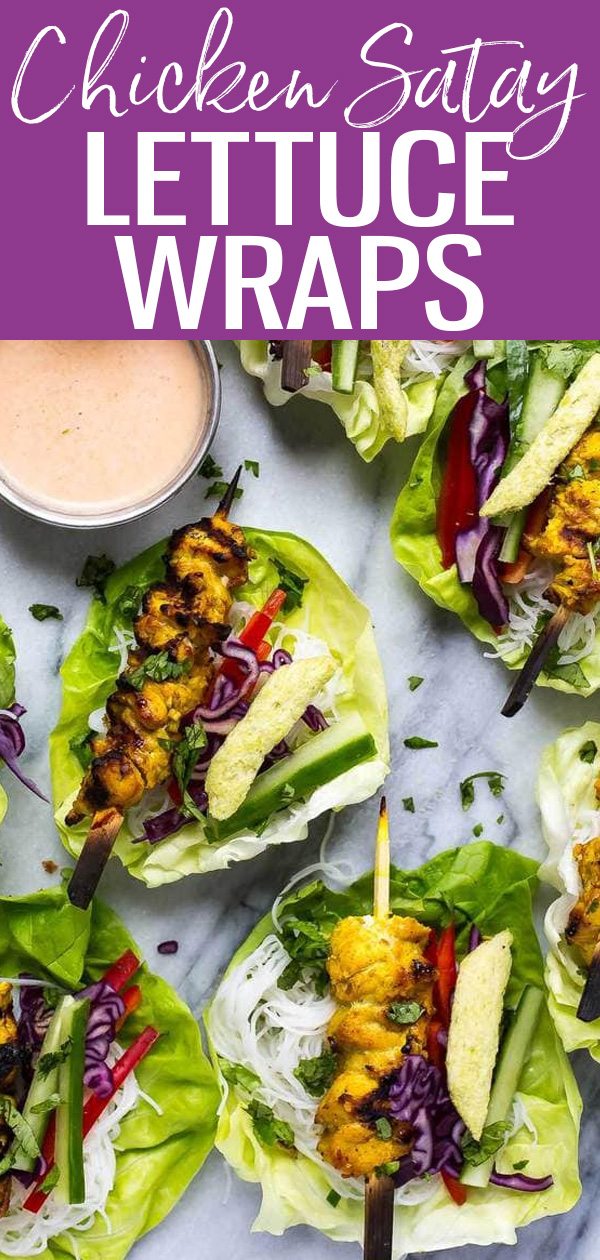 These Chicken Satay Lettuce Wraps are made with tons of healthy veggies, vermicelli noodles and an easy coconut-peanut dipping sauce. #lettucewraps #chickensatay