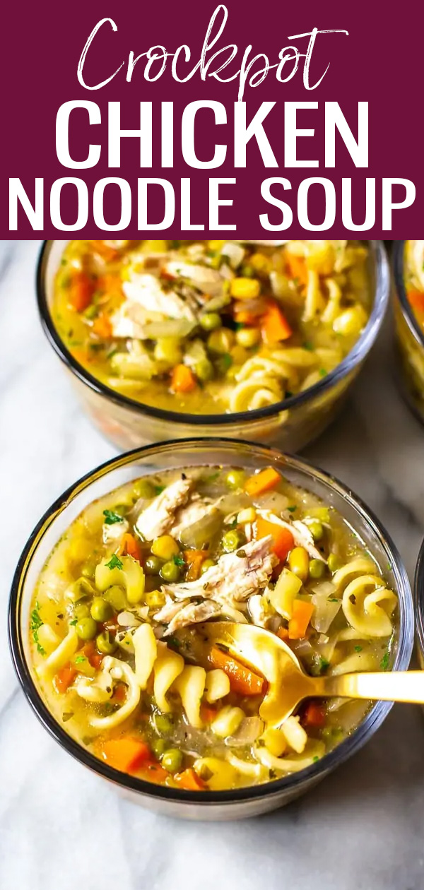 This Easy Crockpot Chicken Noodle Soup is a simple way to make your fave comfort food from scratch. The chicken is so juicy and tender! #chickennoodlesoup #crockpot #slowcooker