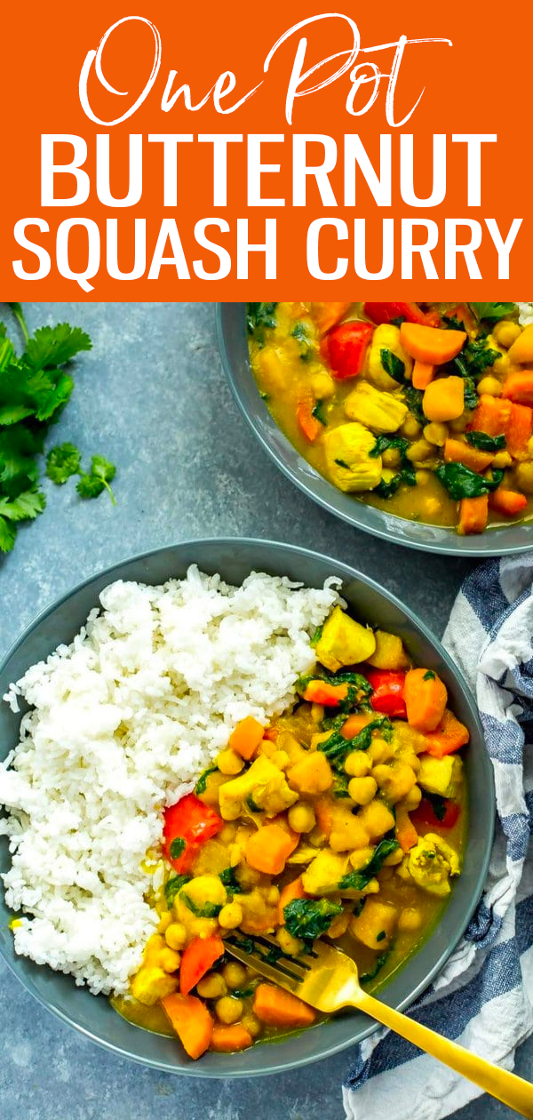 This One Pot Butternut Squash Chicken Curry with coconut milk, veggies, chickpeas and rice is protein-filled comfort food at its best! #butternutsquash #onepotcurry