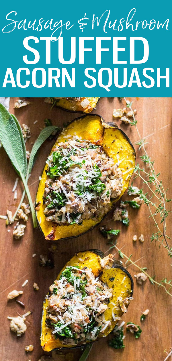 This Sausage & Mushroom Stuffed Acorn Squash is going to become your new favourite Thanksgiving main - the perfect comfort food! #acornsquash #lowcarb