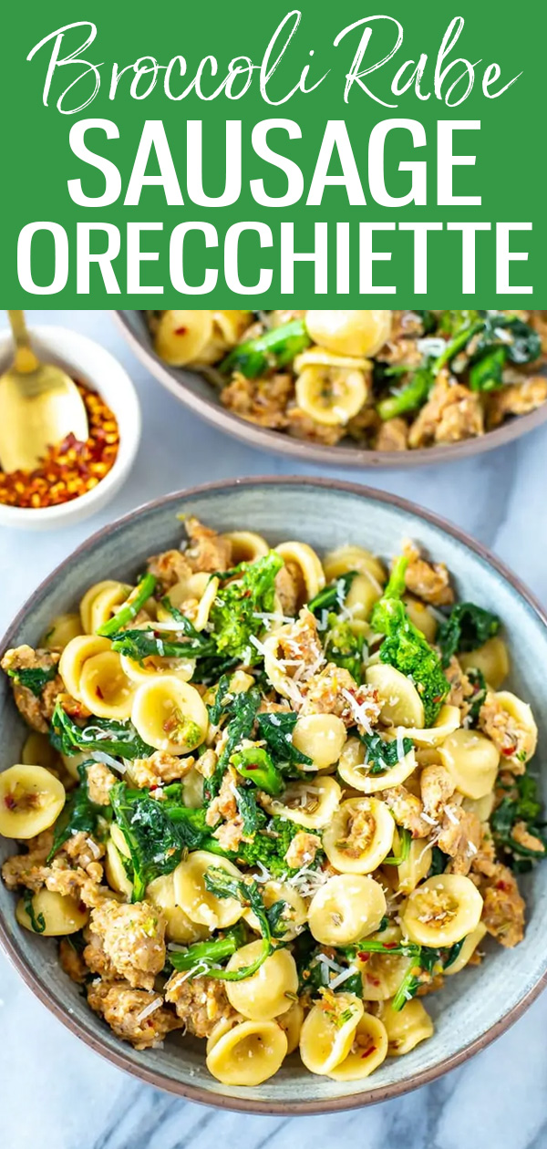 This Orecchiette with Sausage & Broccoli Rabe is a delicious and healthy pasta dish that comes together in just 30 minutes! #mealprep #sausageorecchiette