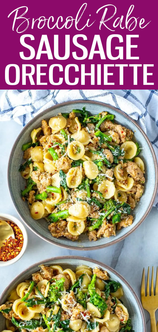 This Orecchiette with Sausage & Broccoli Rabe is a delicious and healthy pasta dish that comes together in just 30 minutes! #mealprep #sausageorecchiette