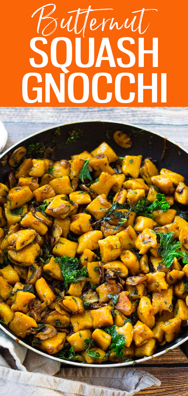 This Brown Butter Sage Butternut Squash Gnocchi is a delicious twist on a classic made with homemade gnocchi, kale and caramelized onions. butternutsquash #gnocchi