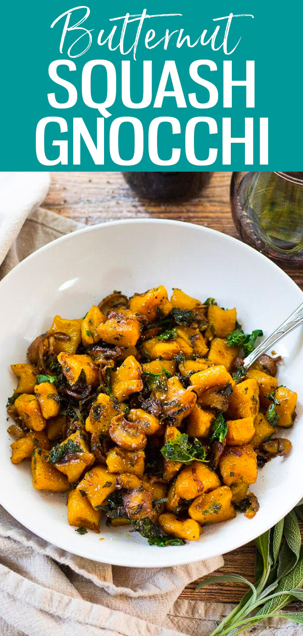 This Brown Butter Sage Butternut Squash Gnocchi is a delicious twist on a classic made with homemade gnocchi, kale and caramelized onions. #butternutsquash #gnocchi