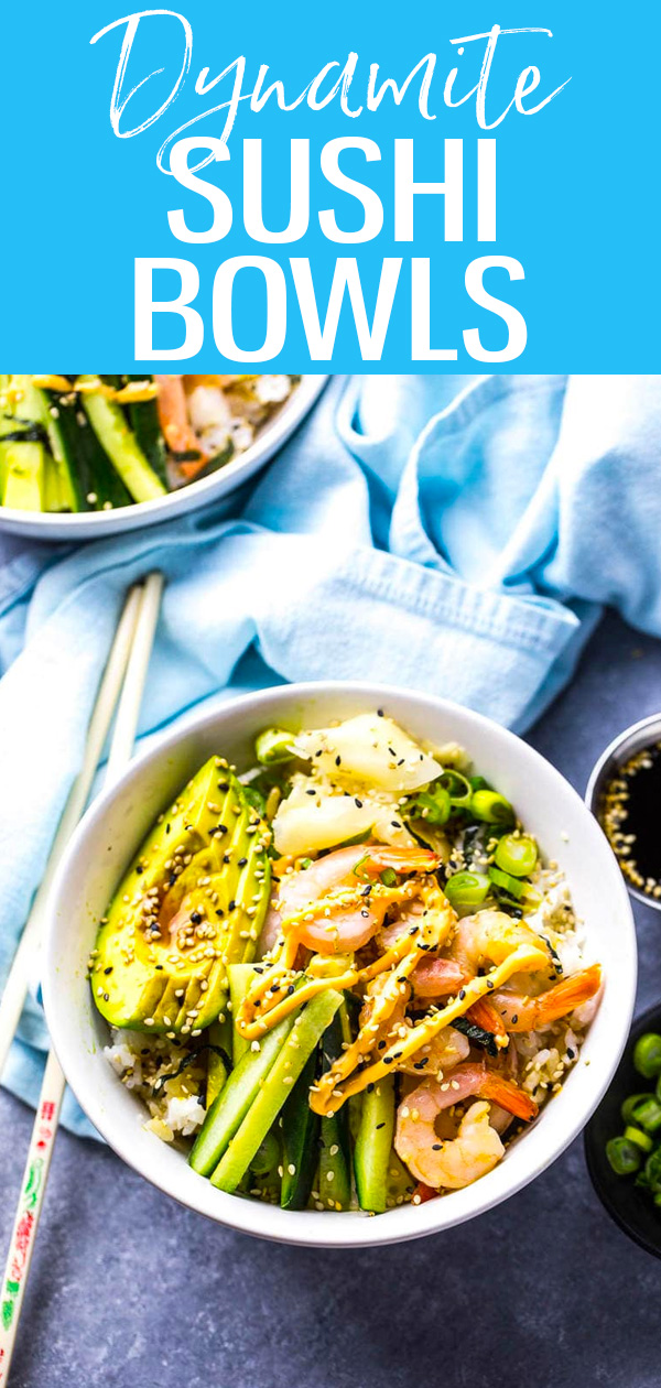 These Shrimp Dynamite Sushi Bowls are a healthy 20-minute dinner idea and a play on your favourite sushi roll with homemade spicy mayo. #dynamiteshrimp #sushibowls