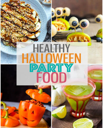 Four different Halloween recipes with the text "Healthy Halloween Party Food" layered over top.