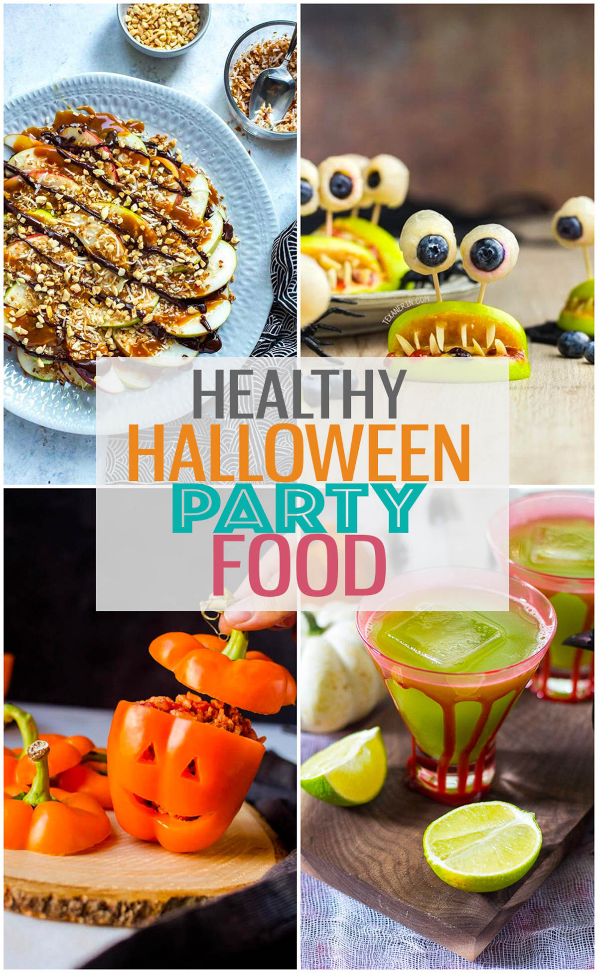Four different Halloween recipes with the text "Healthy Halloween Party Food" layered over top.