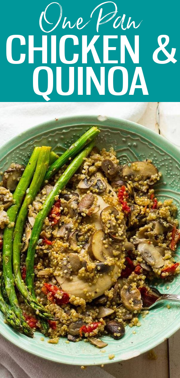 This Creamy One Pan Chicken & Quinoa is a delicious and easy skillet meal that’s perfect for nights when you don't feel like cooking! #onepan #chickenandquinoa #onepotrecipe