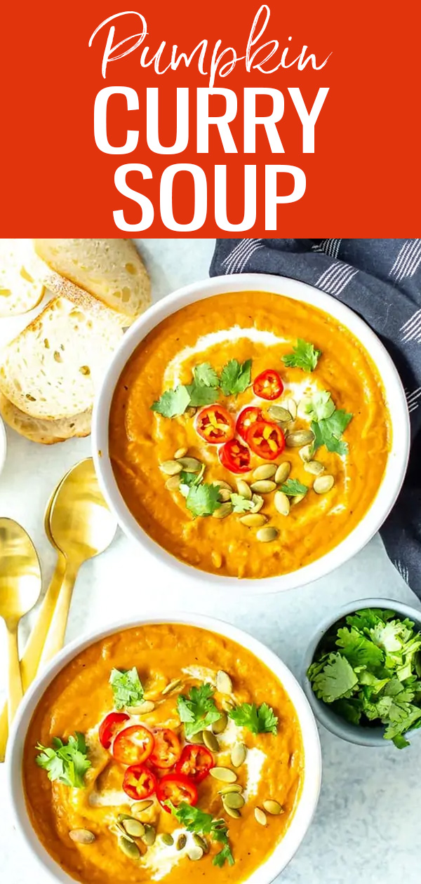 This Creamy Pumpkin Curry Soup comes together with coconut milk, canned pumpkin and curry paste. It's a delicious twist on fall comfort food! #pumpkinrecipes #pumpkincurry