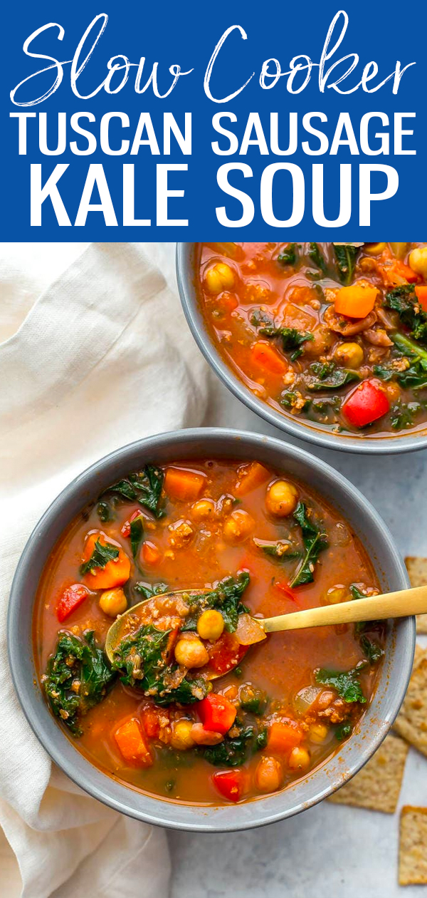 This Slow Cooker Tuscan Sausage and Kale Soup is a hearty, veggie-filled comfort food option for cold days - just dump it all in the crockpot then set it and forget it!  #kalesoup #tuscansausage #slowcooker